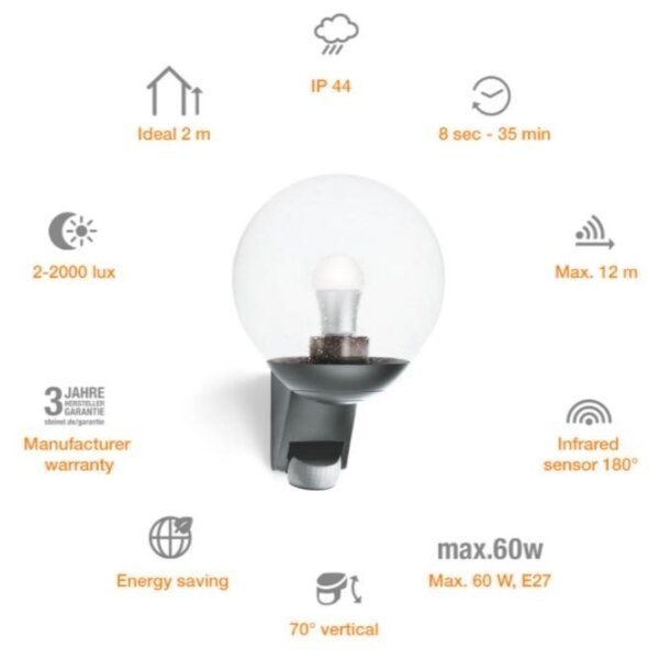 Steinel 035723- Vonkajšie nástenné svietidlo so senzorom L585S 1xE27/60W/230V IP44