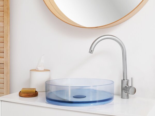 Umývadlo na dosku modré priehľadné z materiálu solid surface 36 cm okrúhle do kúpeľne