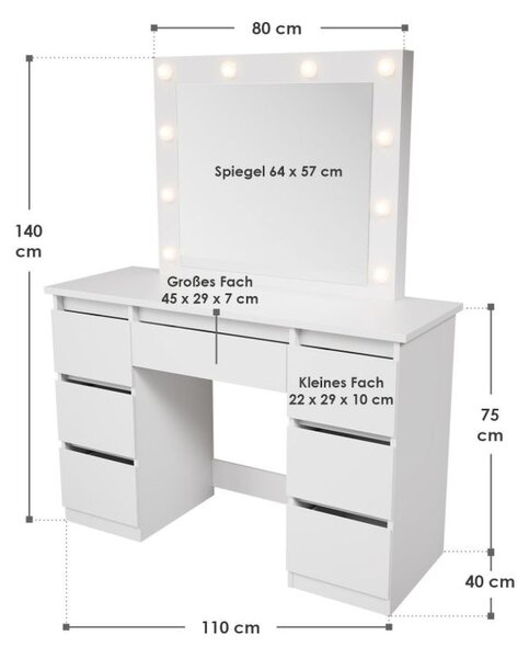 Kozmetický stolík s LED zrkadlom 110x140x40 cm, biely