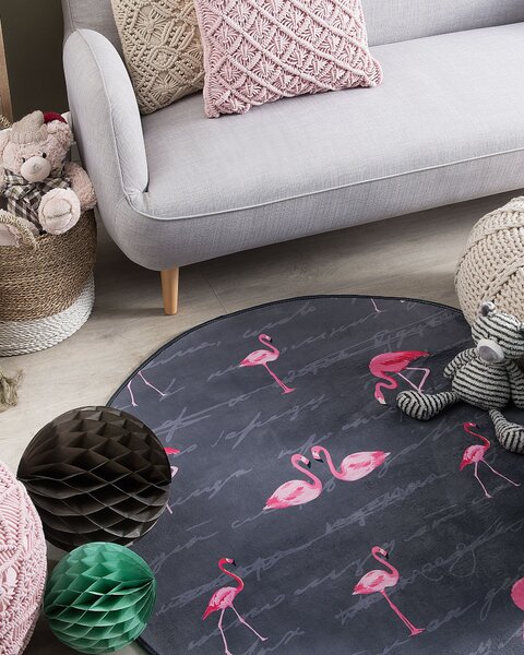 Koberec sivý ružový polyester 120 x 120 cm krátky vlas plameniaky tlačený guľatý