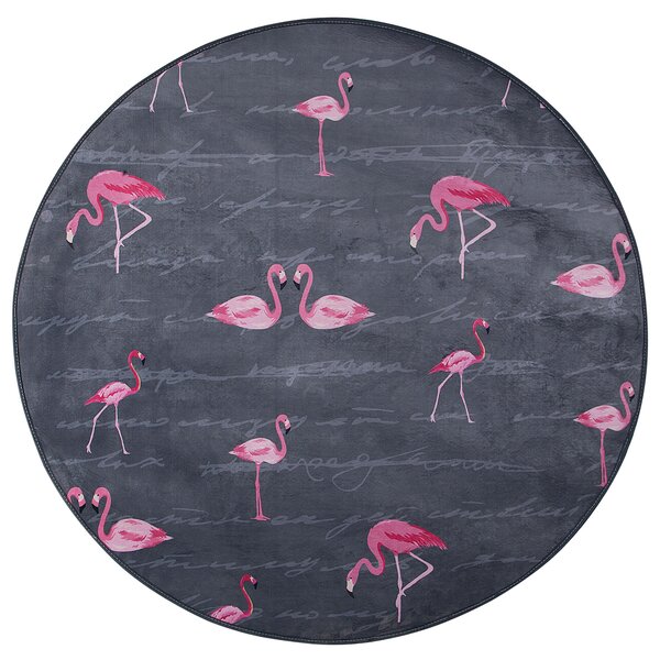 Koberec sivý ružový polyester 120 x 120 cm krátky vlas plameniaky tlačený guľatý