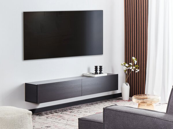Závesná skrinka pod TV čierna 180 cm tv stolík na stenu minimalistický dizajn obývacia izba