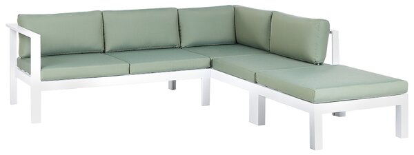 5-miestna záhradná rohová sedacia súprava biely kovový rám zelené vankúše zdvíhací stôl moderný škandinávsky štýl exteriér