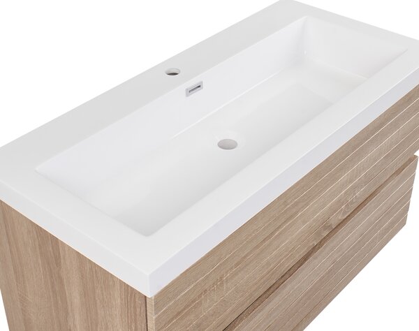 Závesná kúpeľňová skrinka s umývadlom svetlohnedá MDF 100 x 46 cm s 2 zásuvkami úložný priestor moderný štýl kúpeľňa