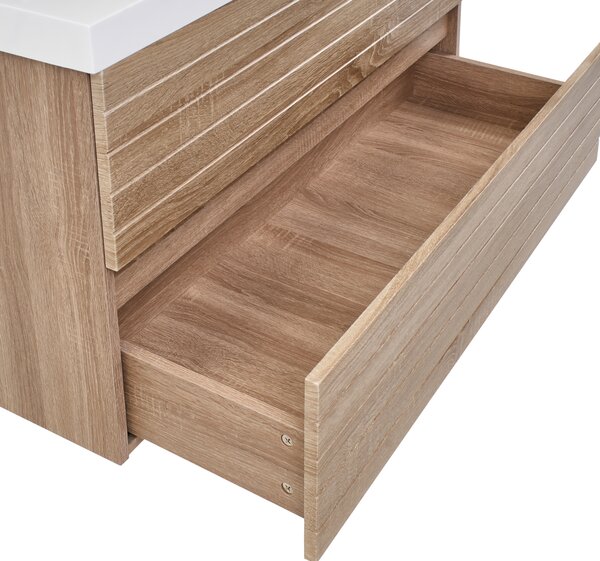Závesná kúpeľňová skrinka s umývadlom svetlohnedá MDF 100 x 46 cm s 2 zásuvkami úložný priestor moderný štýl kúpeľňa