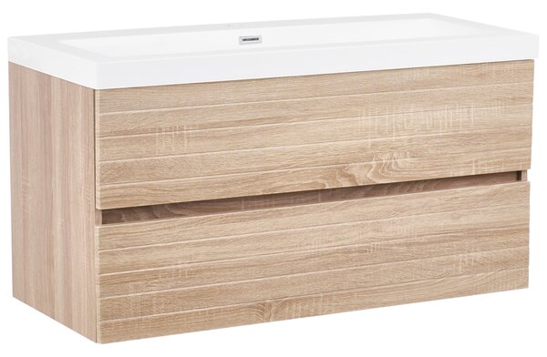 Závesná kúpeľňová skrinka s umývadlom svetlohnedá MDF 100 x 46 cm s 2 zásuvkami úložný priestor moderný štýl kúpeľňa