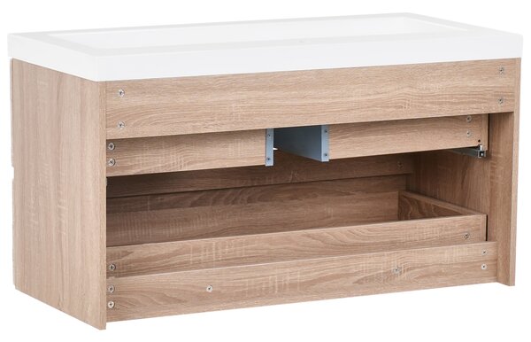 Závesná kúpeľňová skrinka s umývadlom svetlohnedá MDF 100 x 46 cm s 2 zásuvkami úložný priestor moderný štýl kúpeľňa