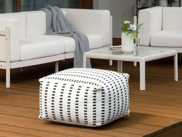Záhradný puf biela čierna syntetický materiál 50 x 50 x 30 cm štvorcový tvar ručne tkaný podnožka taburet boho štýl exteriér