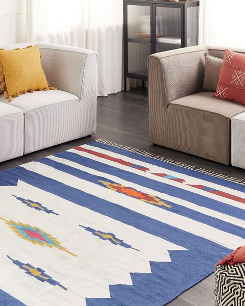 Kelímový koberec viacfarebný bavlna 200 x 300 cm ručne tkaný obojstranný geometrický vzor so strapcami tradičný boho štýl
