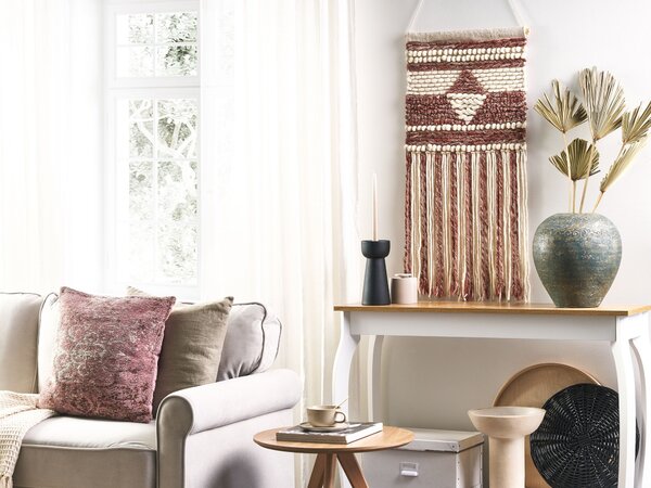 Nástenná dekorácia béžová a červená vlnená ručne tkaná so strapcami geometrický vzor boho štýl obývacia izba spálňa