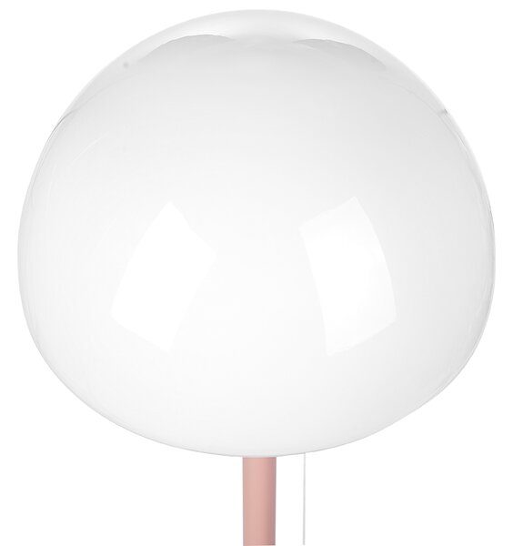 Stolná lampa ružový kovový podstavec biele sklenené tienidlo vypínač na šnúrke minimalistický štýl kancelária