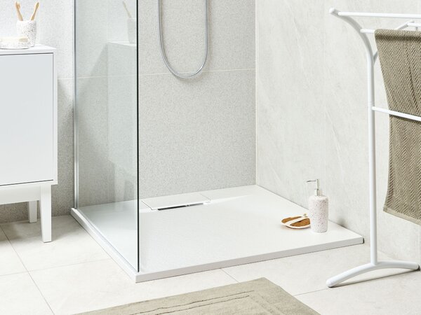 Sprchová vanička s odtokom biela SMC 90 x 90 x 3 cm štvorcový tvar efekt prírodného kameňa minimalistický štýl kúpeľňa
