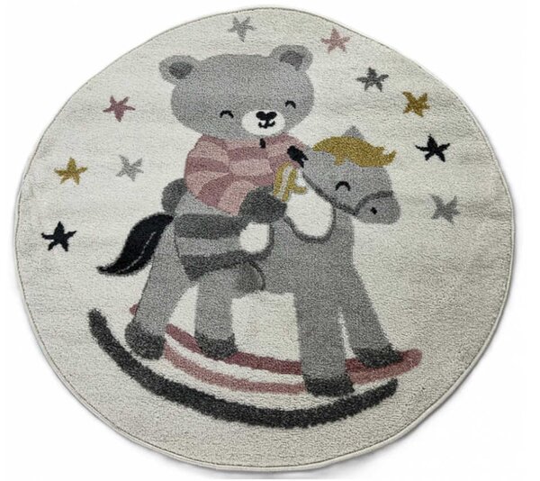 TA Béžovo-sivo-ružový okrúhly detský koberec C5670A_74F_37 WHITE / L.PINK ANIMAL s medvedíkom na hojdacom koníku Rozmer: 100x100 cm