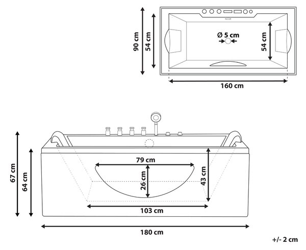 Vírivá vaňa čierna ABS 180 x 90 cm s LED svetlami a opierkami hlavy hydromasážne trysky obdĺžniková vírivka