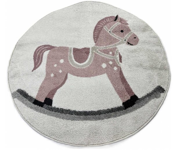 TA Béžovo-ružový okrúhly detský koberec C5659A_8S1_57 WHITE / L.PINK ANIMAL s hojdacím koníkom Rozmer: 100x100 cm