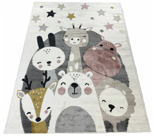 TA Farebný detský koberec C5637A_74F_37 WHITE / L.PINK ANIMAL so zvieratkami a hviezdičkami Rozmer: 120x170 cm