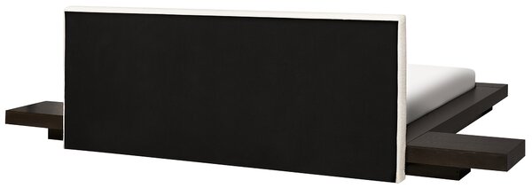 Posteľ v japonskom štýle tmavý jaseň 180 x 200 cm nízky drevený rám postele z MDF buklé čelo nočné stolíky LED osvetlenie