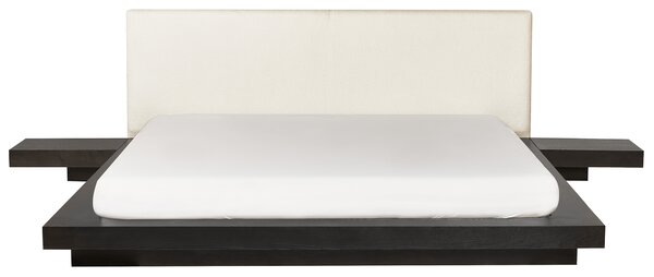 Posteľ v japonskom štýle tmavý jaseň 180 x 200 cm nízky drevený rám postele z MDF buklé čelo nočné stolíky LED osvetlenie