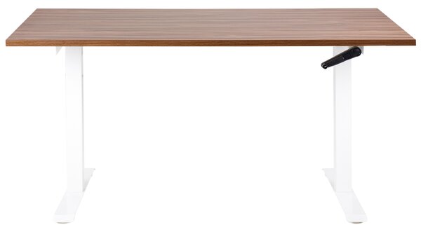 Výškovo nastaviteľný písací stôl tmavé drevo biely oceľový rám 160 x 72 cm manuálne nastavenie výšky moderná kancelária
