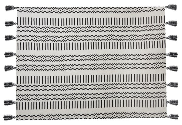 Prikrývka biela a čierna bavlnená 130 x 180 cm geometrický vzor strapce prírodný dizajn boho