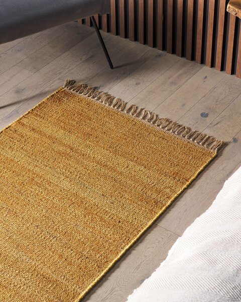 Koberec žltý jutový 80 x 150 cm ručne tkaný so strapcami boho štýl spálňa predsieň
