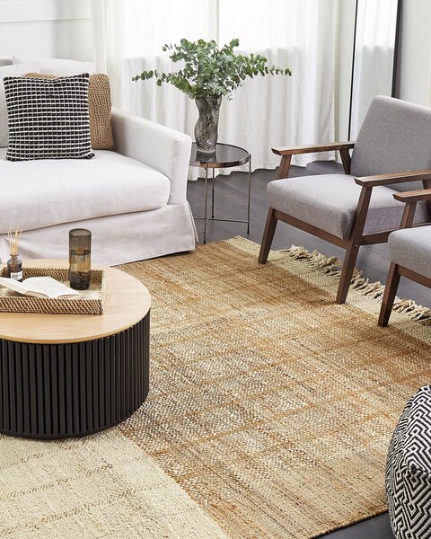 Koberec béžový jutový 200 x 300 cm ručne tkaný so strapcami boho obývacia izba spálňa