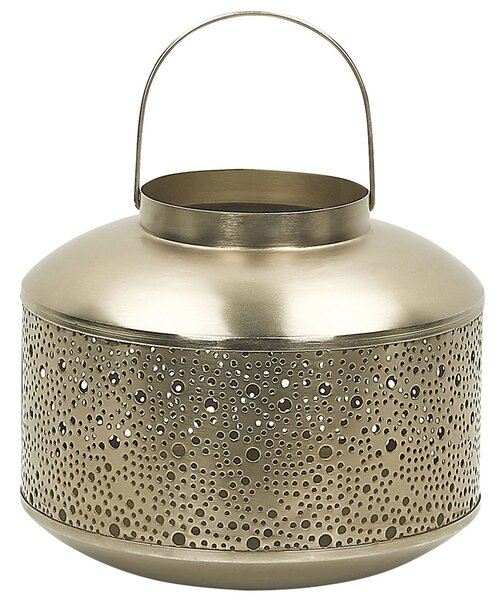 Kovový lampáš zlatý železný s dierkovaným vzorom výška 22 cm s držiakom na sviečku