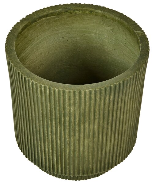 Kvetináč olivovozelený hlinený 30 x 30 x 30 cm zmes hliny a vlákien drenážne otvory vrúbkovaný povrch záhrada terasa