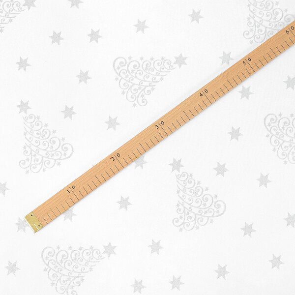 Goldea vianočná teflónová látka na obrusy - strieborné vianočné stromčeky a hviezdičky 160 cm