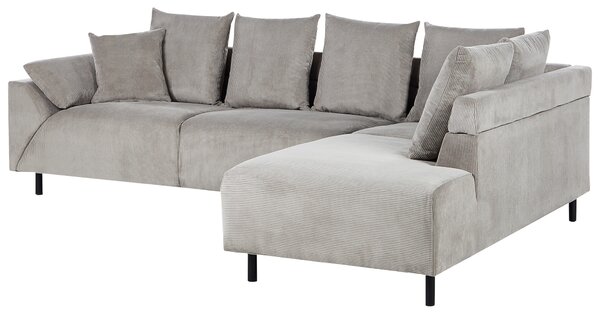 Rohová pohovka svetlosivá menčestrová čalúnená s vankúšmi kovové nohy ľavá rohová sedačka retro dizajn