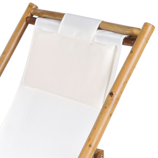 Sada balkónového nábytku svetlohnedá biela bambusové drevo polyester 2 ležadlá stolík skladacia odolnosť voči UV boho štýl záhrada exteriér