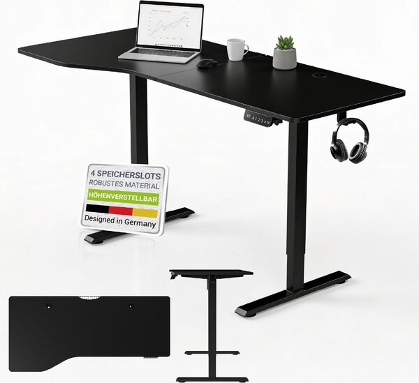 Juskys Výškovo nastaviteľný stôl 160x75cm - Elektrický plynulo nastaviteľný kancelársky stôl na sedenie a státie s pamäťovou funkciou - čierny