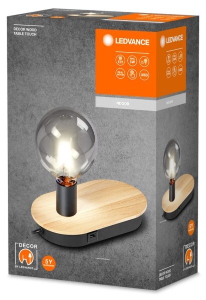 Ledvance - Dotyková stolná lampa s USB konektorom DECOR WOOD 1xE27/8W/230V
