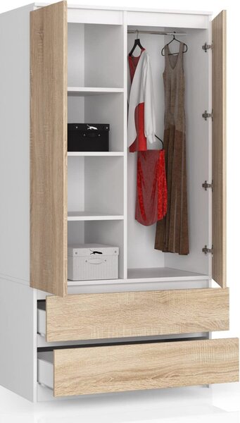 BDW, atníková skria 2 dvere, 2 zásuvky, 180x90x51 cm, biela / dub Sonoma