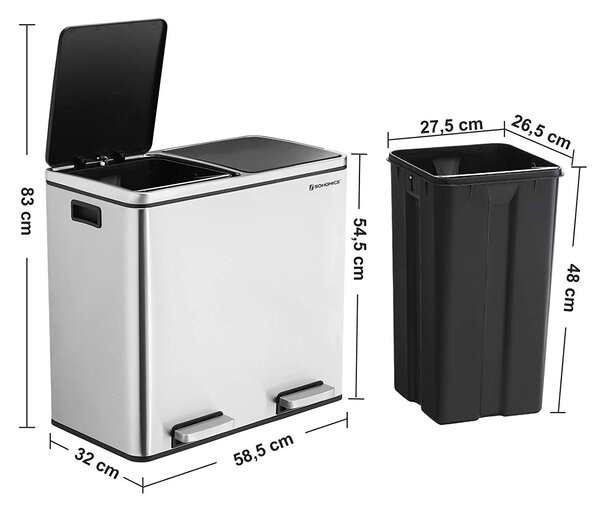 SONGMICS Odpadkový kôš 2 x 24 L strieborný