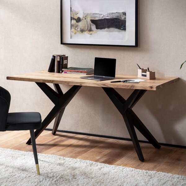 FineBuy, písací stôl, 180 cm, z masívneho akáciového dreva, poítaový stôl, týl loft, pracovný stôl do domácnosti alebo kancelárie, s kovovými nohami, drevený stôl, industriálny týl, veký, stôl na notebook
