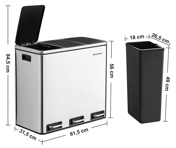 SONGMICS Odpadkový koš FLACE 3x18L stříbrný