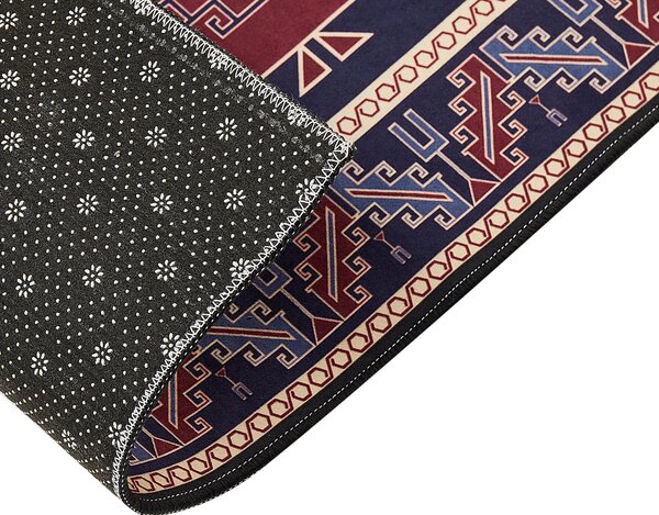 Koberec behúň modrá a červená polyester 80 x 240 cm orientálny geometrický vzor protišmykový vintage moderný štýl predsieň