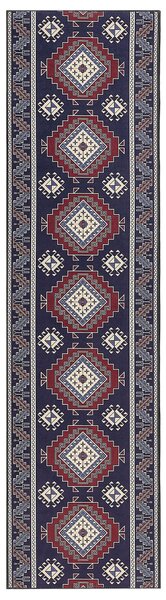 Koberec behúň modrá a červená polyester 80 x 300 cm orientálny geometrický vzor protišmykový vintage moderný štýl predsieň