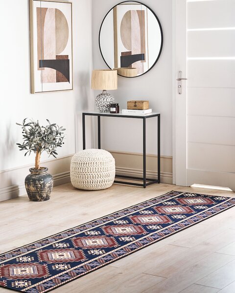Koberec behúň modrá a červená polyester 80 x 300 cm orientálny geometrický vzor protišmykový vintage moderný štýl predsieň
