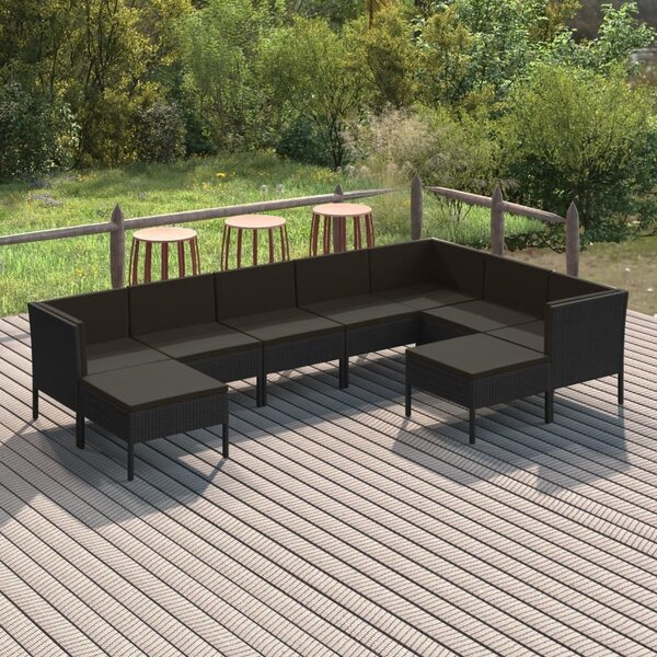Maison Exclusive – 9-dielna záhradná súprava s vankúšmi z polyrotangu v čiernej farbe