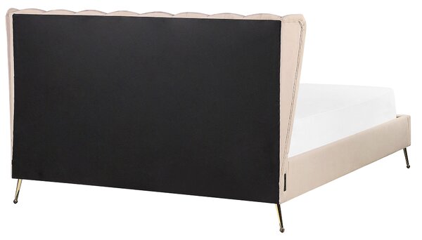 Posteľ béžová zamatové čalúnenie 160 x 200 cm zlaté kovové nohy prešívané čelo s USB portom moderný glamour štýl spálňa