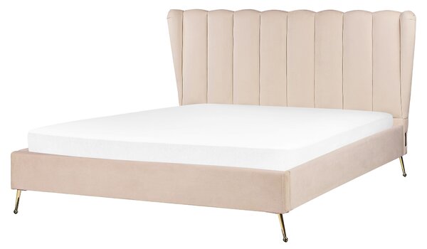 Posteľ béžová zamatové čalúnenie 160 x 200 cm zlaté kovové nohy prešívané čelo s USB portom moderný glamour štýl spálňa