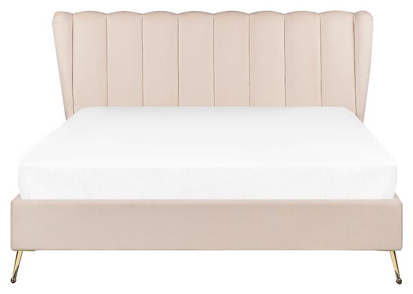 Posteľ béžová zamatové čalúnenie 160 x 200 cm zlaté kovové nohy prešívané čelo s USB portom moderný glamour štýl spálňa
