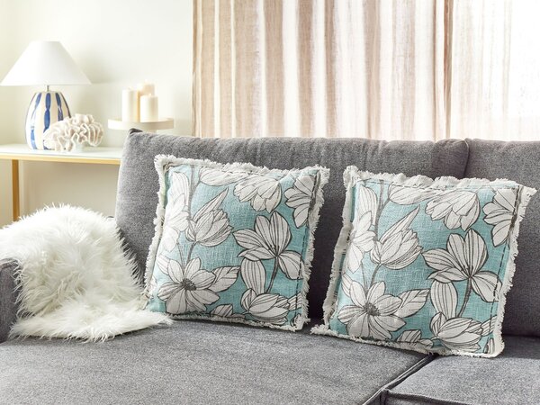 Sada 2 dekoratívnych vankúšov biela a modrá bavlna 45 x 45 cm kvetinový vzor ručná výroba so strapcami odnímateľný poťah boho štýl