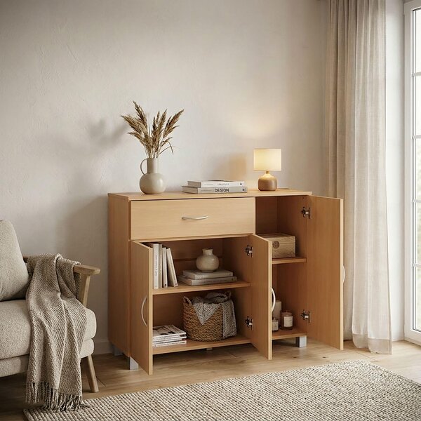 Komoda FineBuy JERRY z bukového dreva s 1 zásuvkou a 3 dvierkami, 90 x 75 x 30 cm | Dizajnová komoda z MDF | Komoda do predsiene s úchytkami