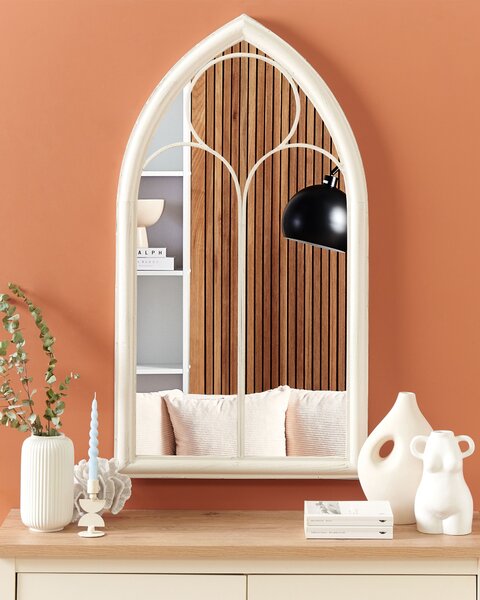Nástenné zrkadlo biele 62 x 113 cm v tvare okna kovový rám elegantné romantické