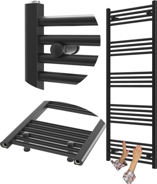 Granitan | Kúpeľňový radiátor Breno - 60x150 cm - Čierny - Elegantný dizajn - Praktický držiak na uteráky