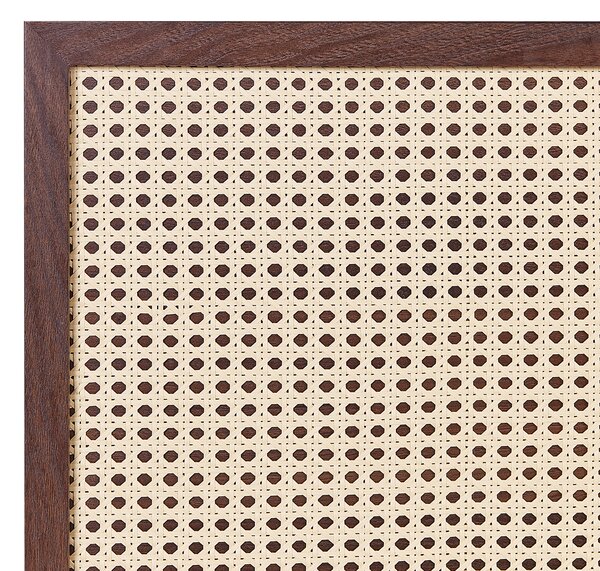 Posteľ tmavé drevo ratanové čelo 140 x 200 cm MDF rám s roštom minimalistický boho dizajn spálňa