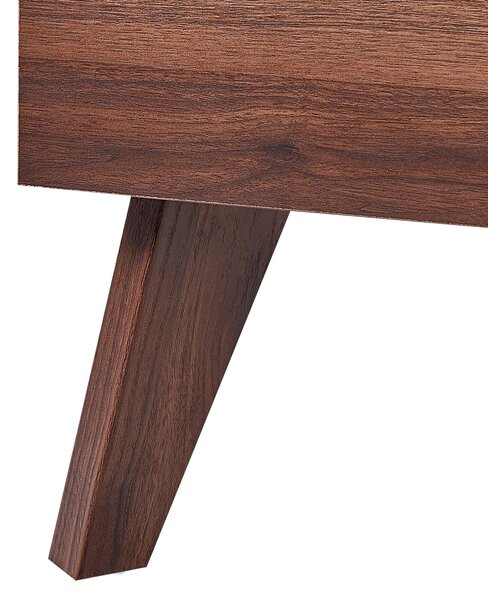 Posteľ tmavé drevo ratanové čelo 140 x 200 cm MDF rám s roštom minimalistický boho dizajn spálňa